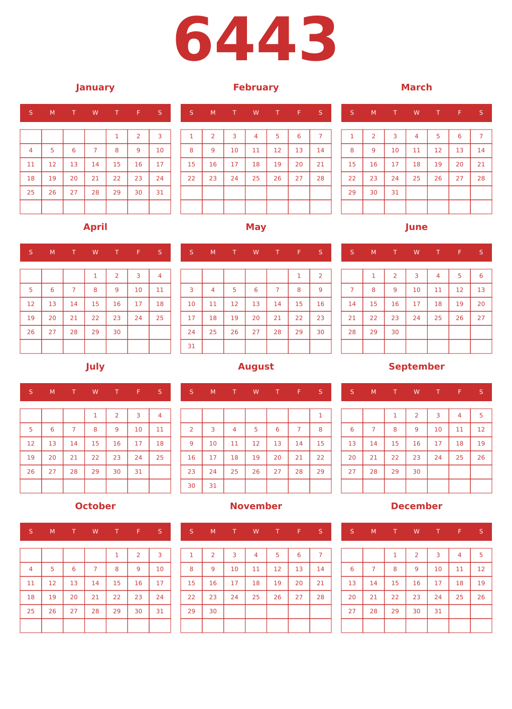 Printable 6443 Year Calendars red