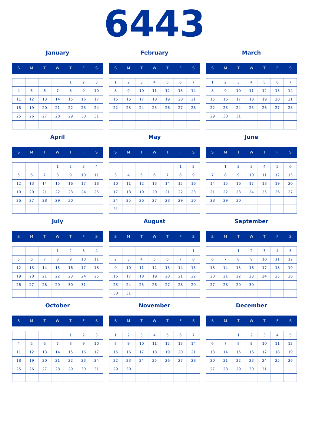 Printable 6443 Year Calendars smalt