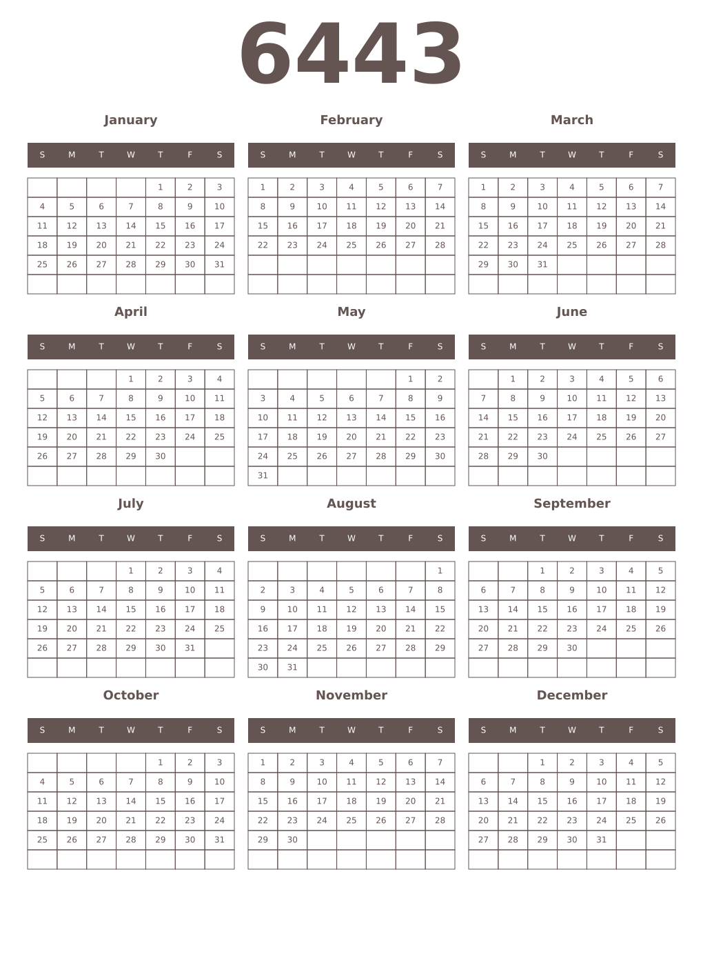 Printable 6443 Year Calendars wenge