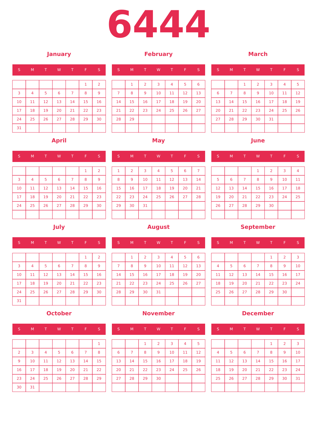 Printable 6444 Year Calendars amaranth