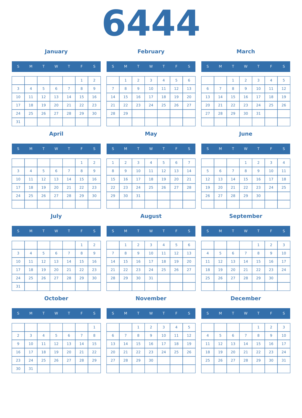 Printable 6444 Year Calendars blue