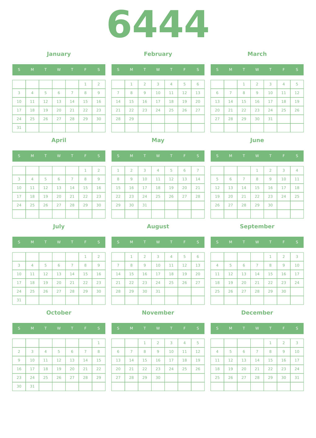 Printable 6444 Year Calendars celadon