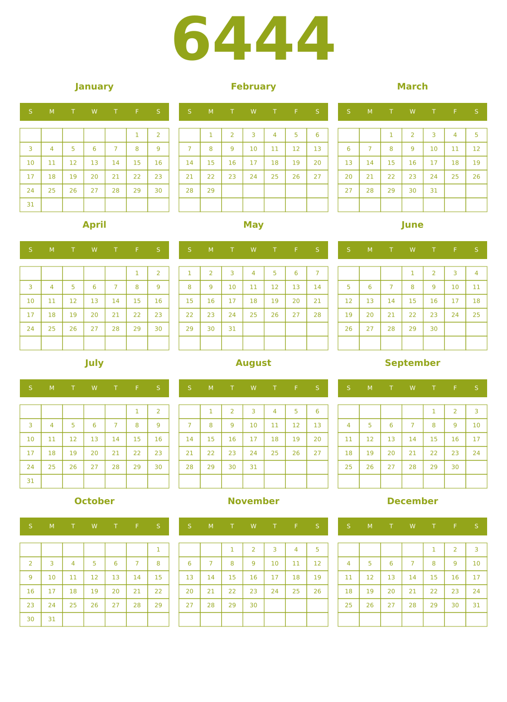 Printable 6444 Year Calendars chartreuse