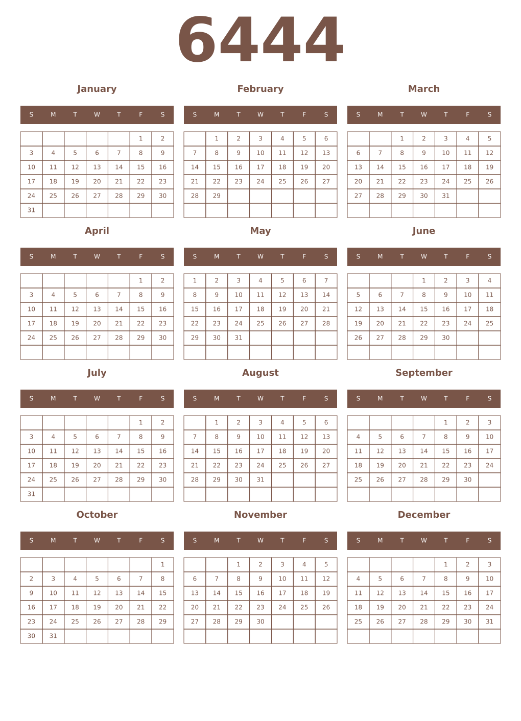 Printable 6444 Year Calendars coffe