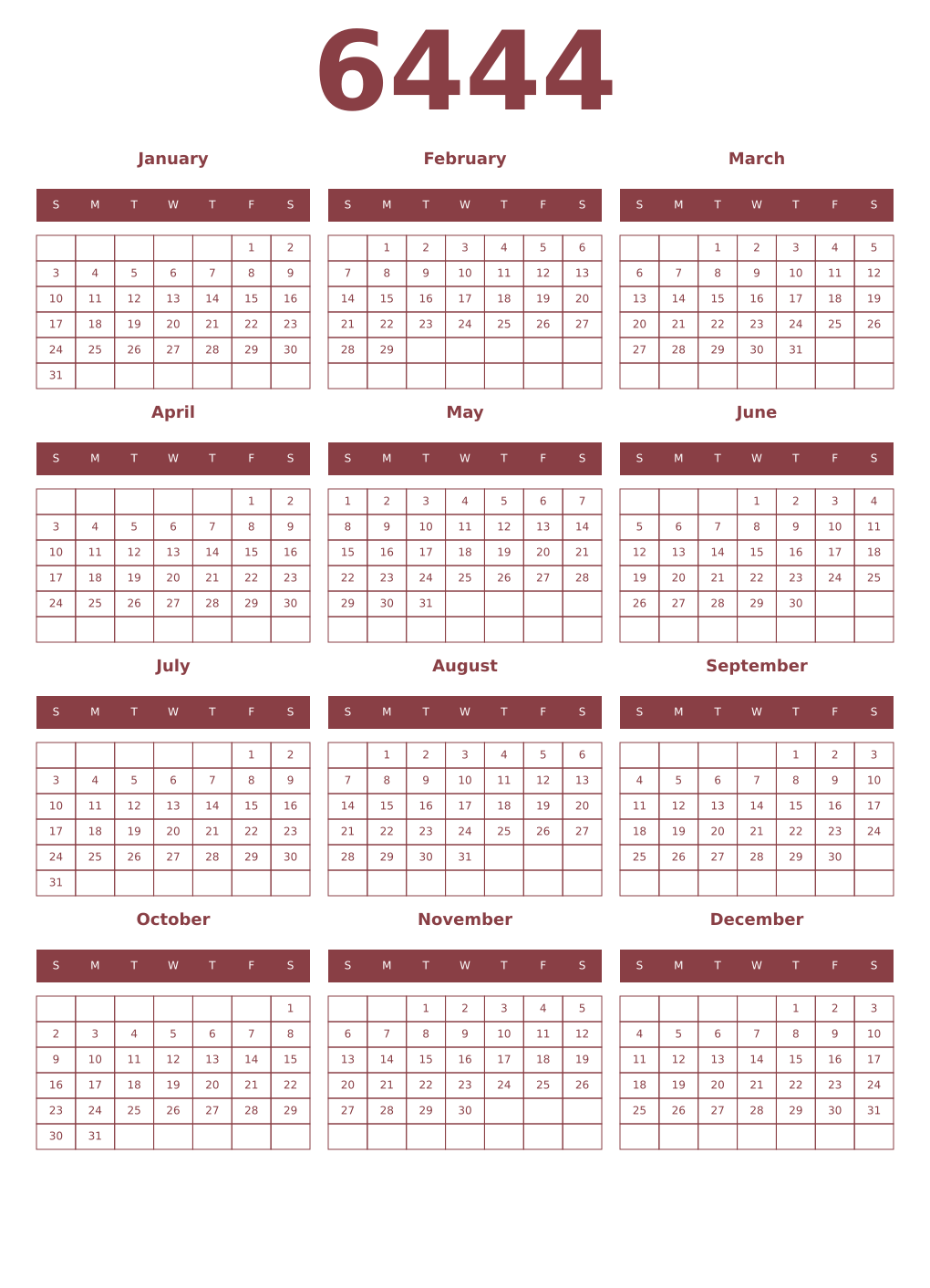 Printable 6444 Year Calendars cordovan
