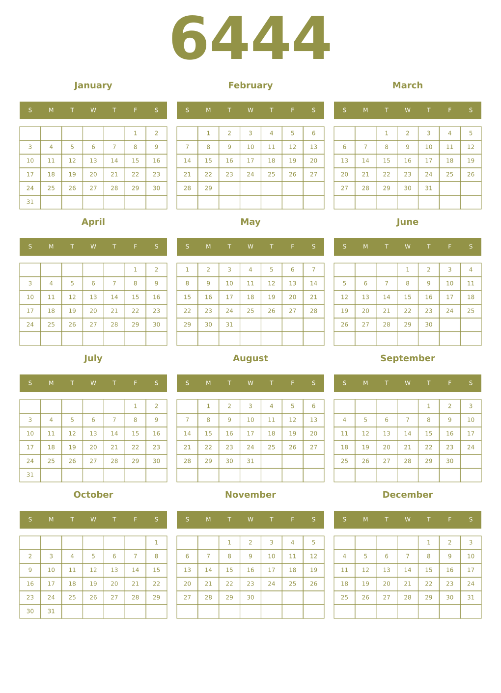 Printable 6444 Year Calendars eburnean