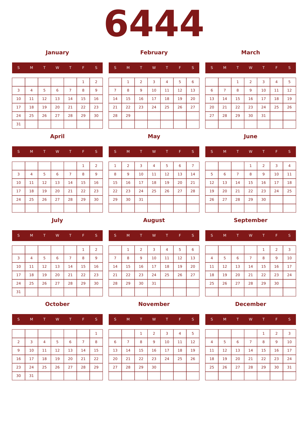 Printable 6444 Year Calendars falu