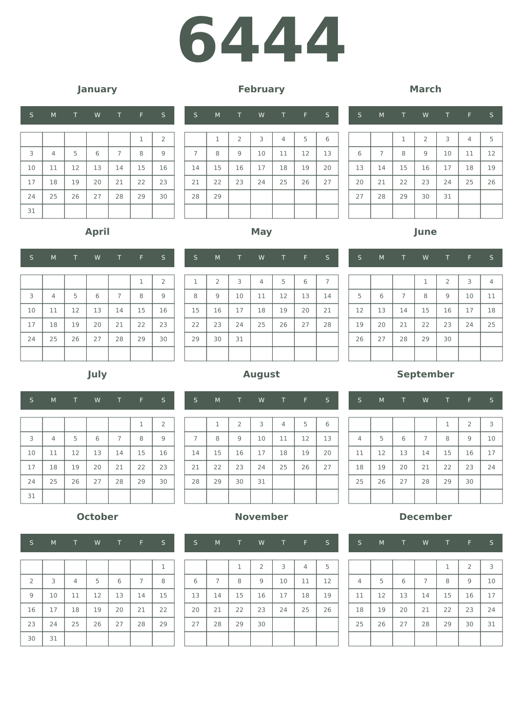 Printable 6444 Year Calendars feldgrau