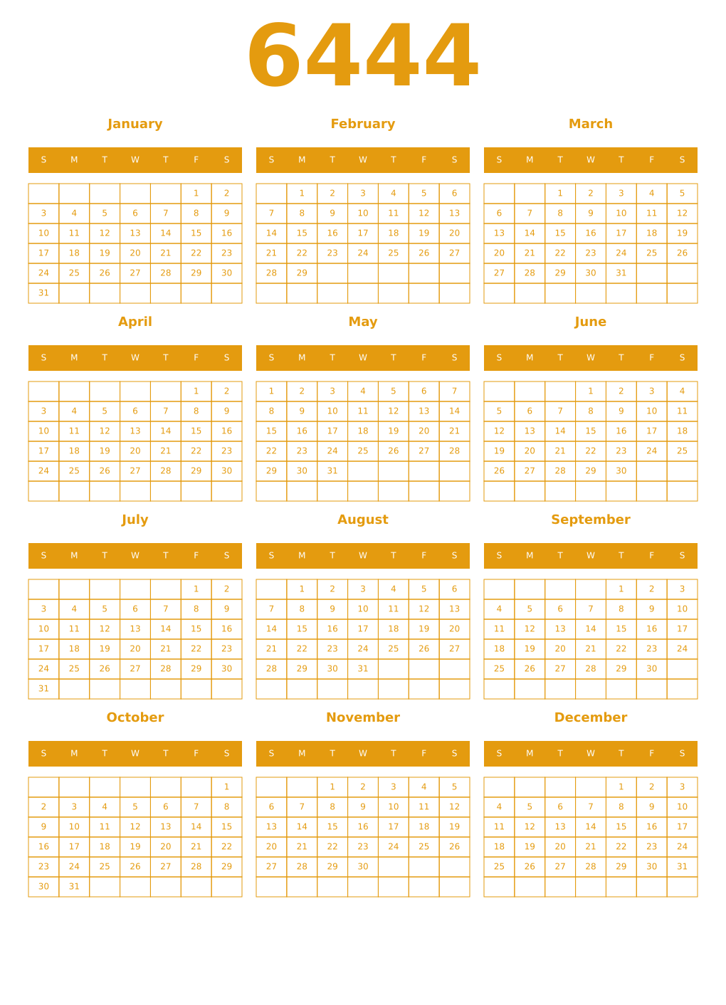 Printable 6444 Year Calendars gamboge