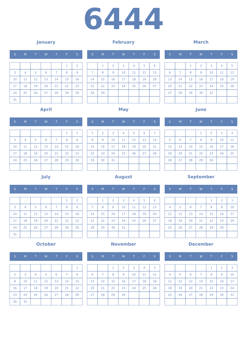 Printable 6444 Year Calendars glaucous