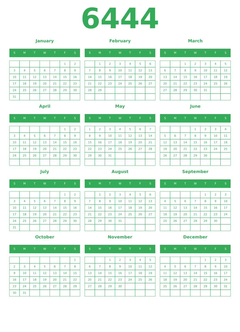 Printable 6444 Year Calendars green