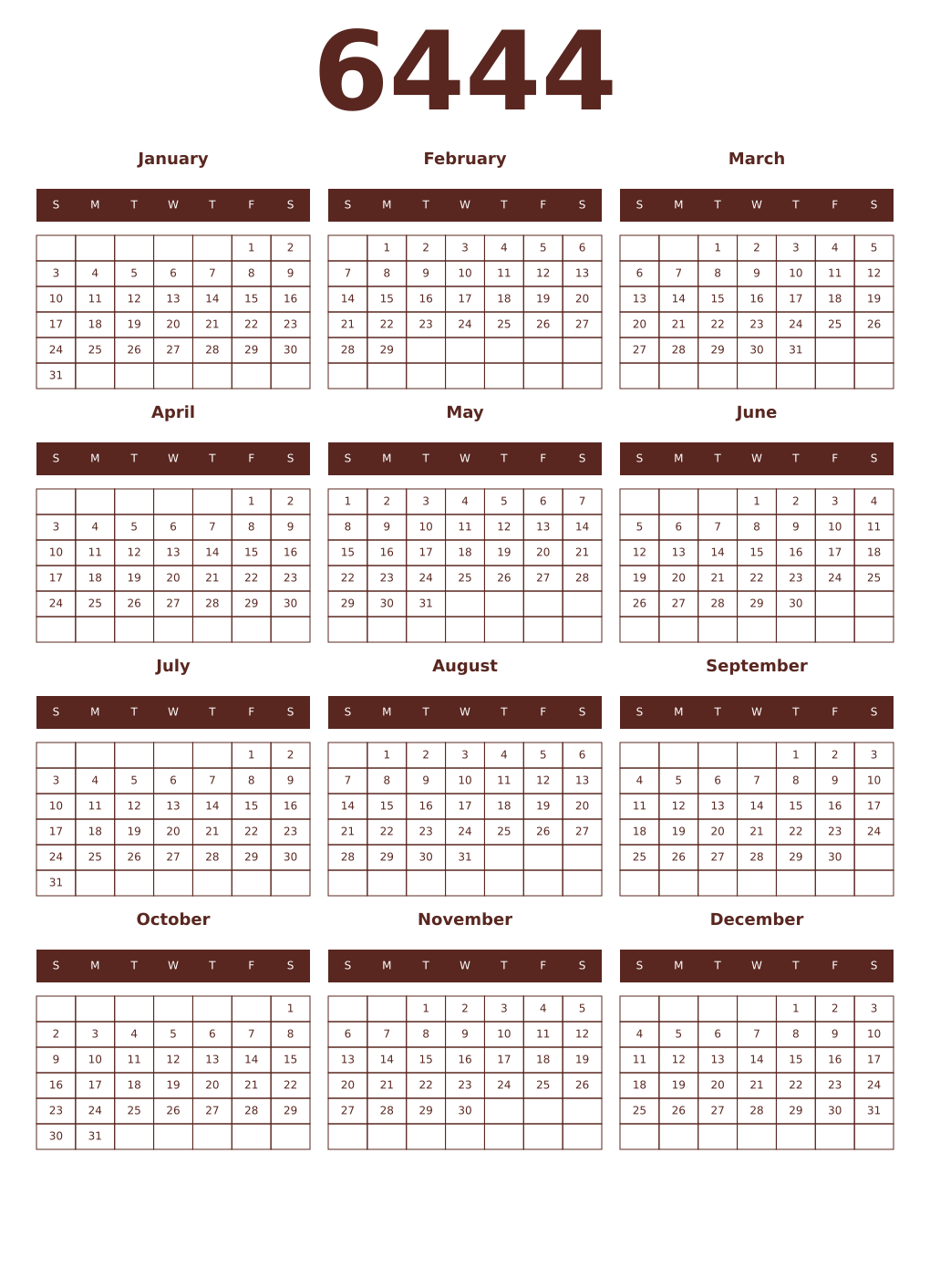 Printable 6444 Year Calendars mortuum