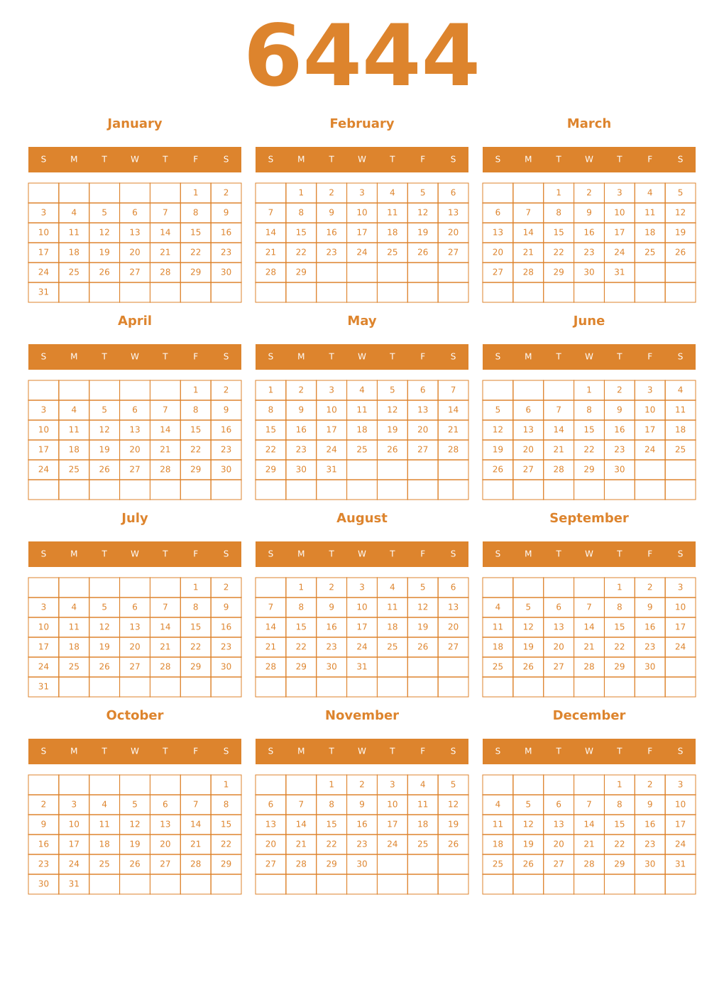 Printable 6444 Year Calendars orange