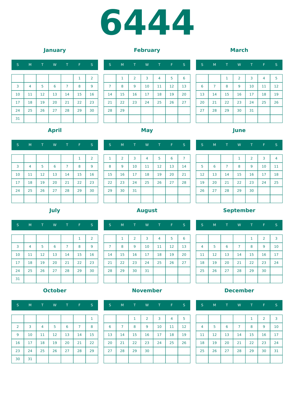 Printable 6444 Year Calendars pastel