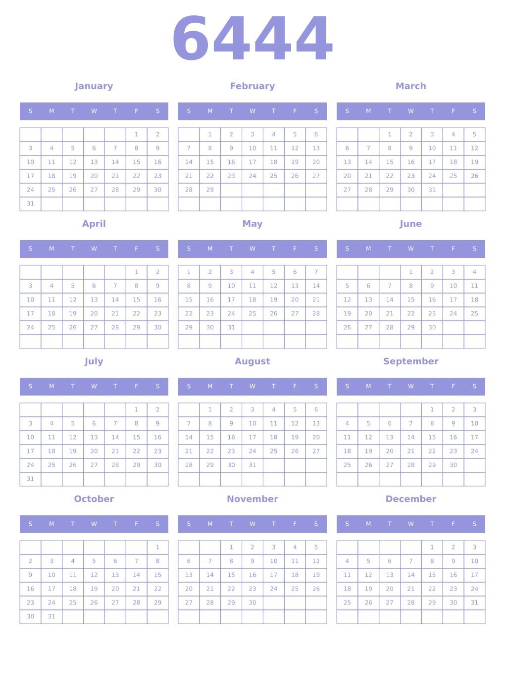 Printable 6444 Year Calendars periwinkle