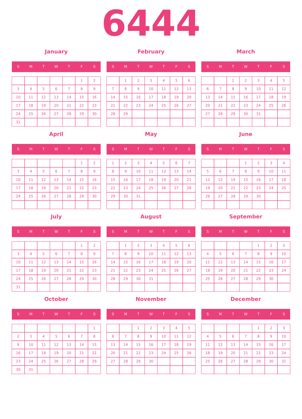 Printable 6444 Year Calendars pink