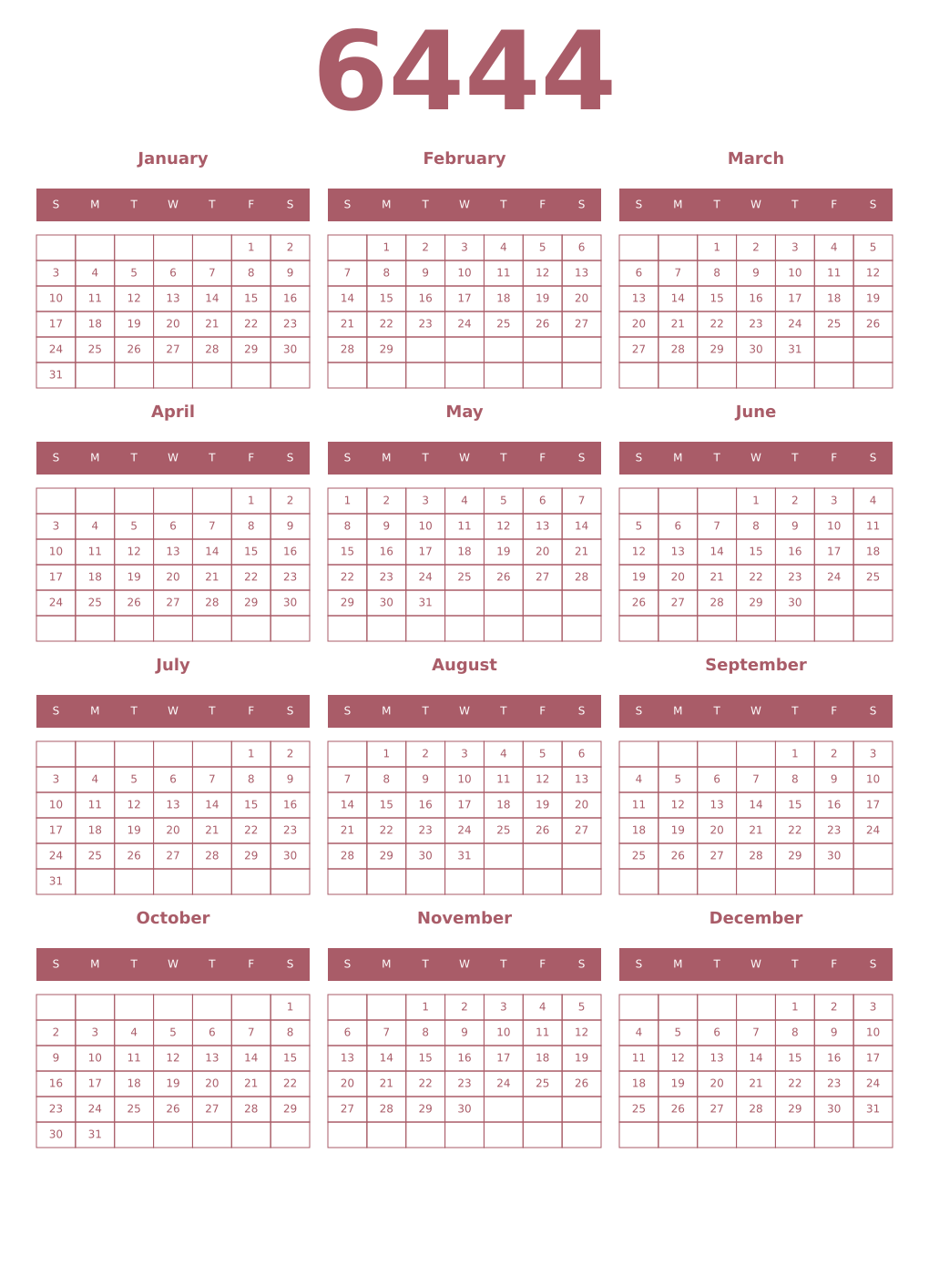 Printable 6444 Year Calendars puce