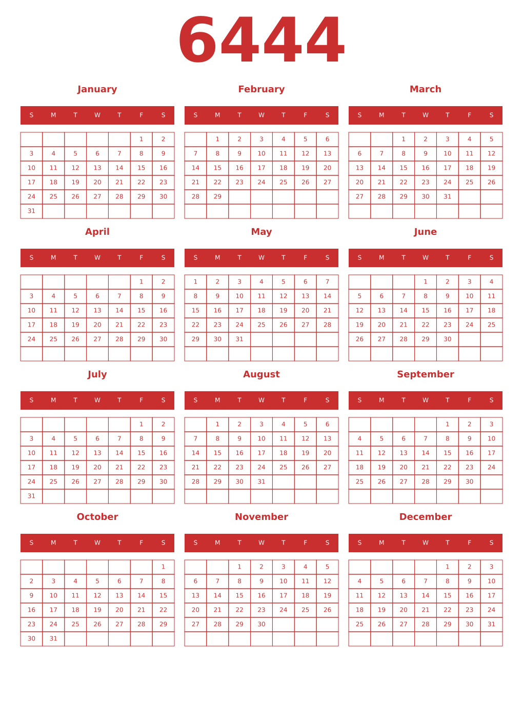Printable 6444 Year Calendars red