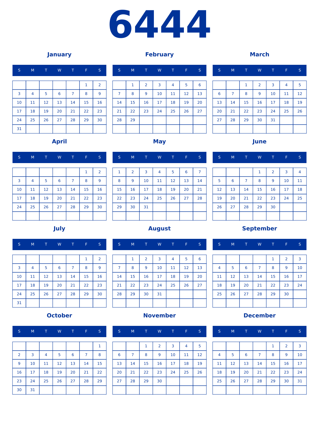Printable 6444 Year Calendars smalt