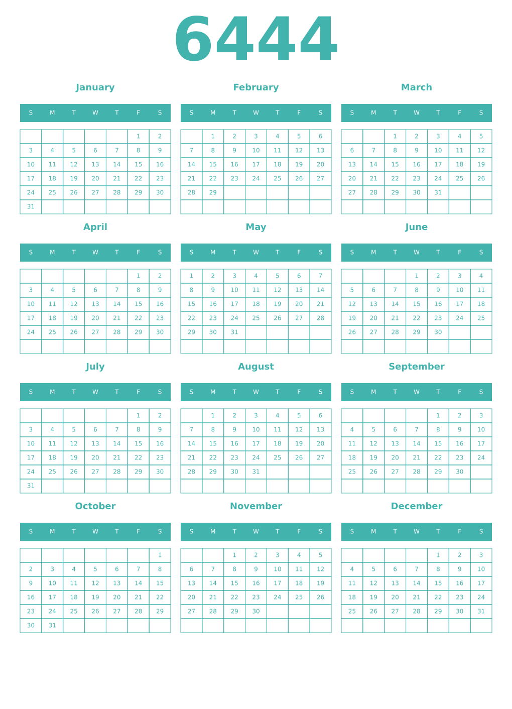 Printable 6444 Year Calendars verdigris