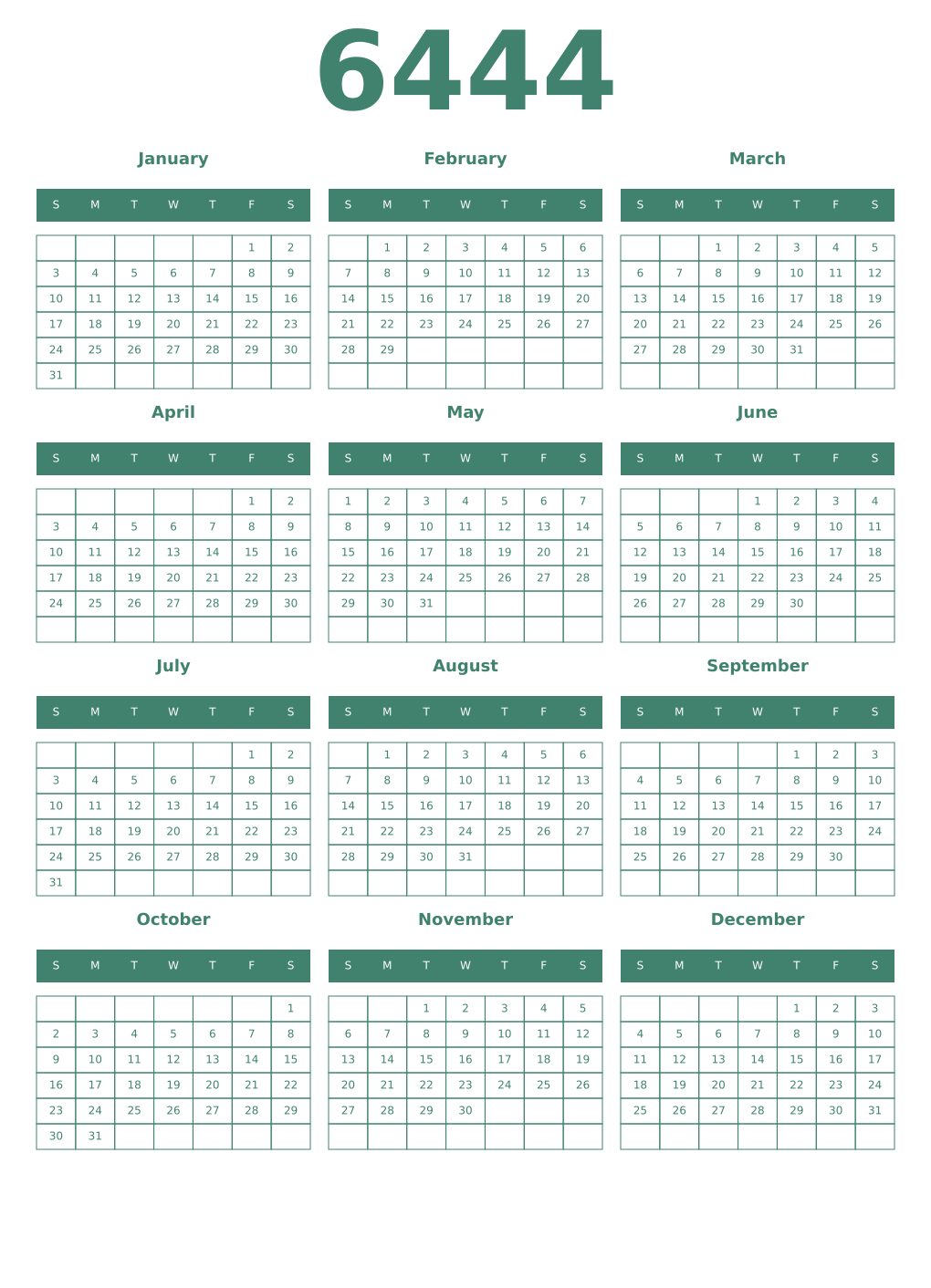 Printable 6444 Year Calendars viridian