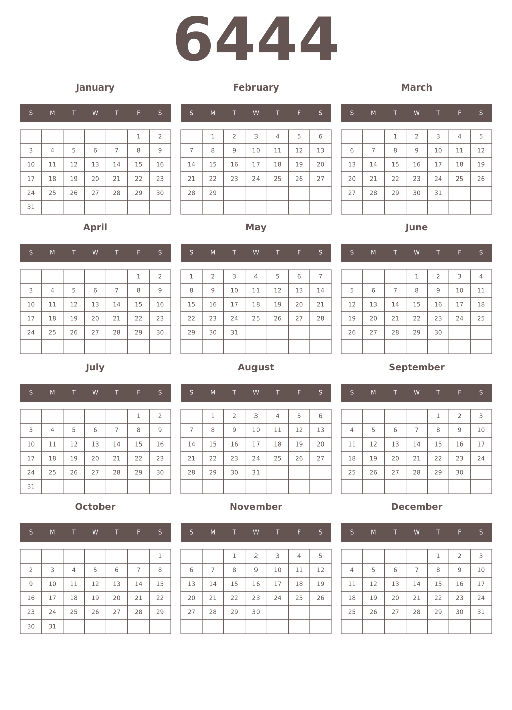 Printable 6444 Year Calendars wenge