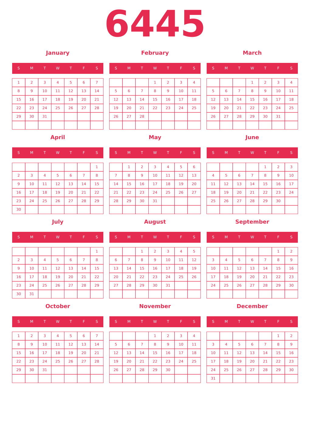 Printable 6445 Year Calendars amaranth