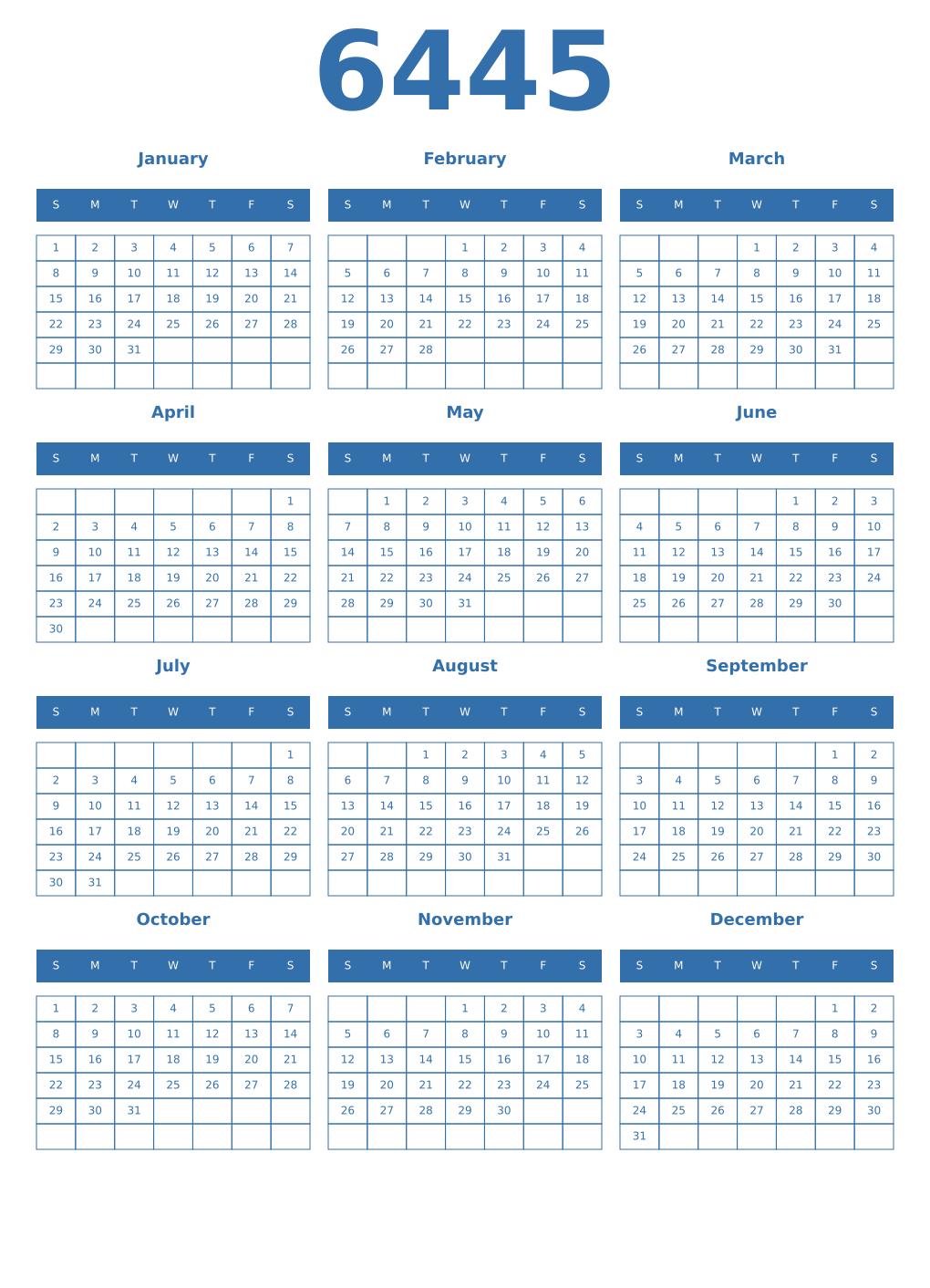 Printable 6445 Year Calendars blue