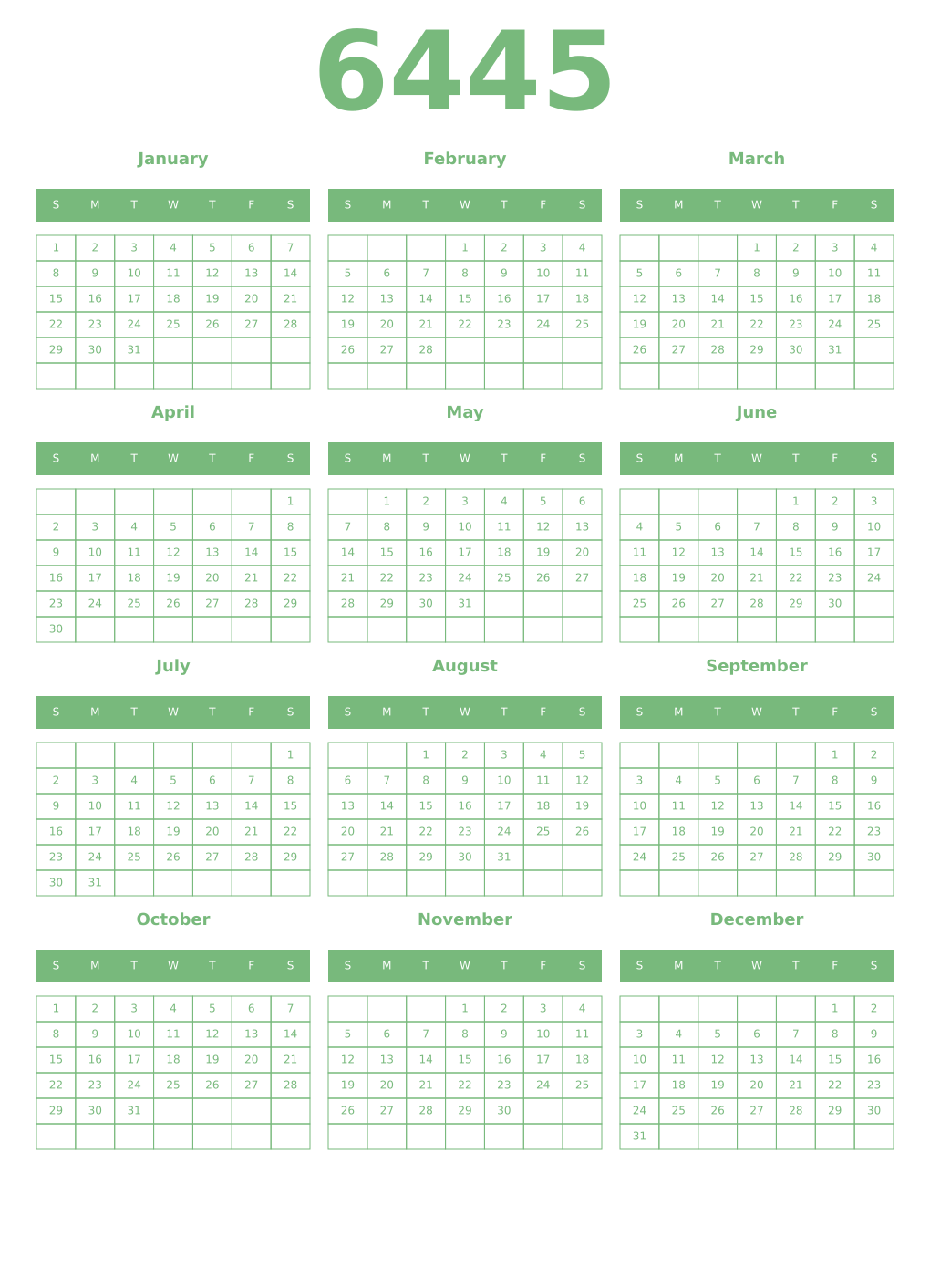 Printable 6445 Year Calendars celadon