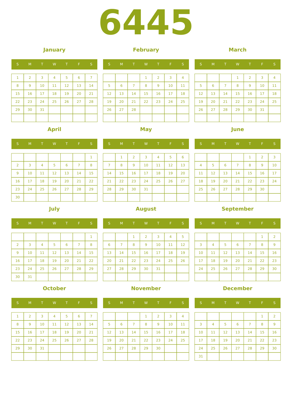 Printable 6445 Year Calendars chartreuse