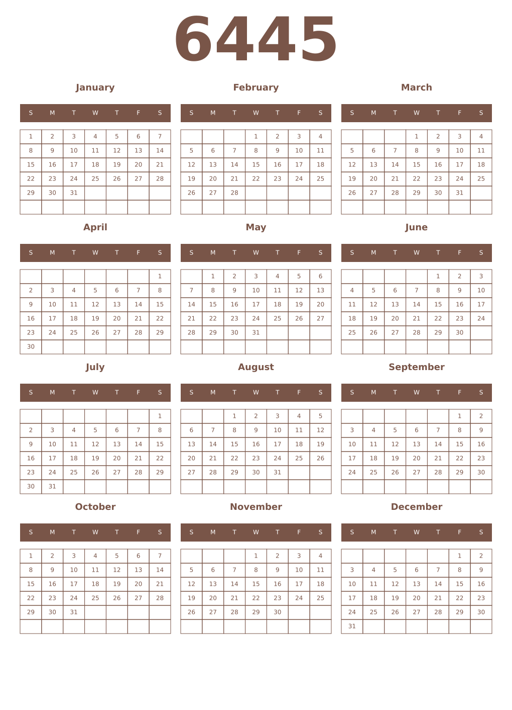 Printable 6445 Year Calendars coffe