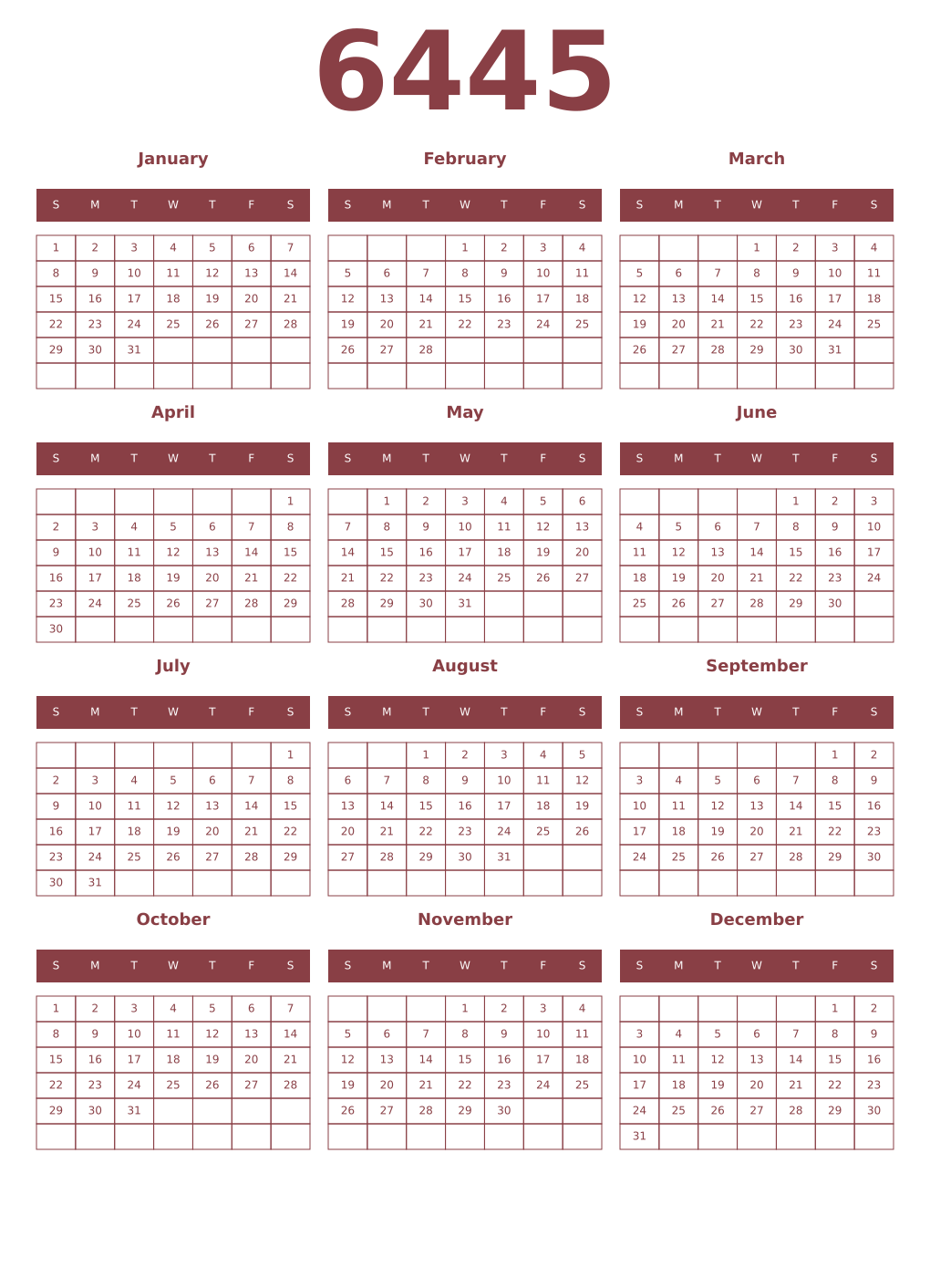 Printable 6445 Year Calendars cordovan