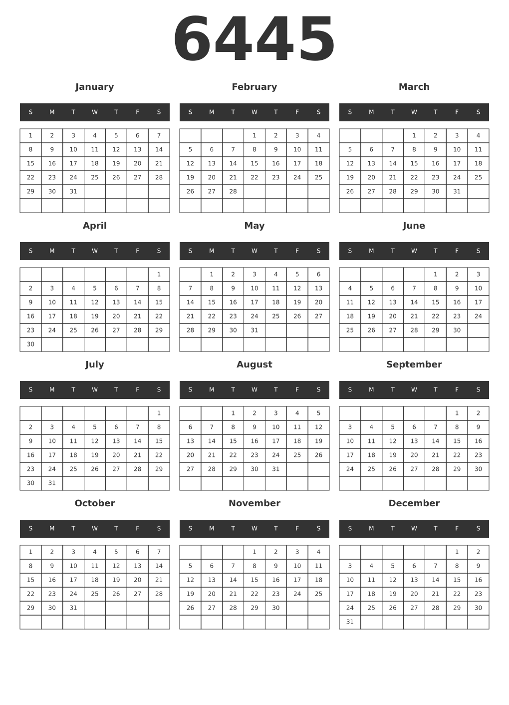 Printable 6445 Year Calendars dark
