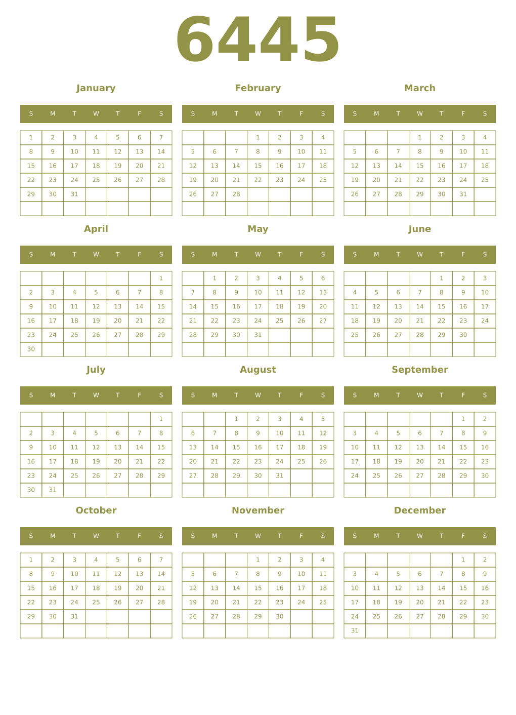 Printable 6445 Year Calendars eburnean