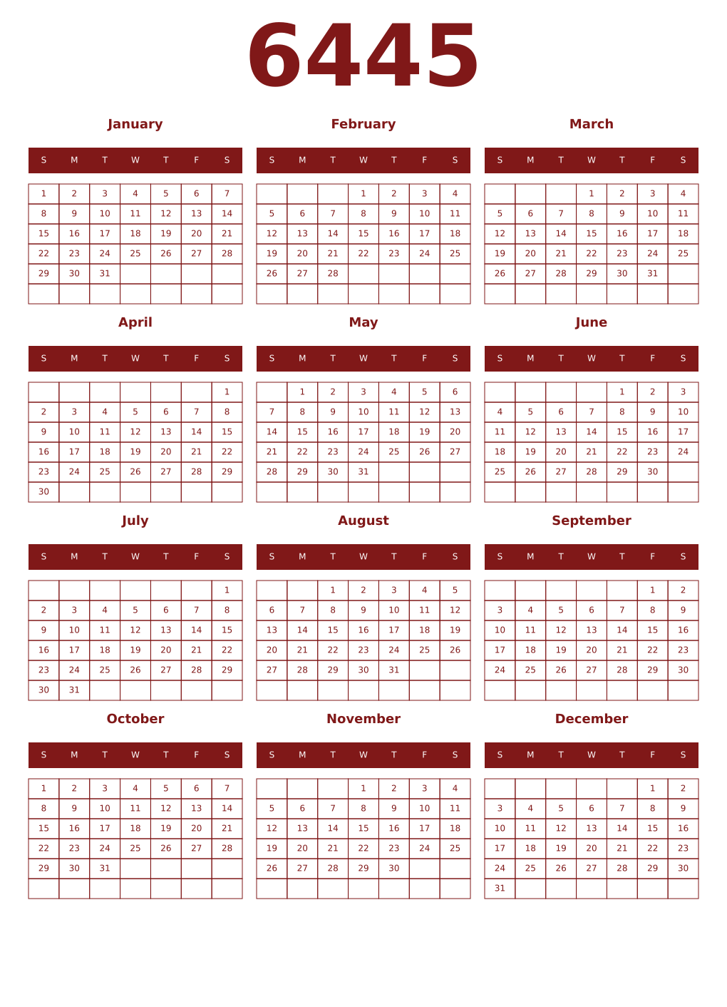 Printable 6445 Year Calendars falu