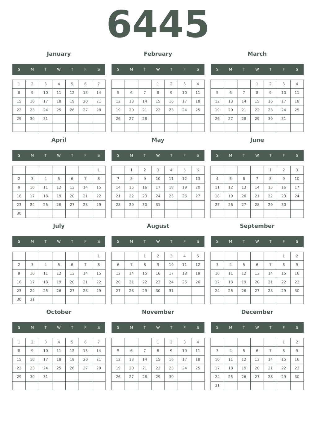 Printable 6445 Year Calendars feldgrau
