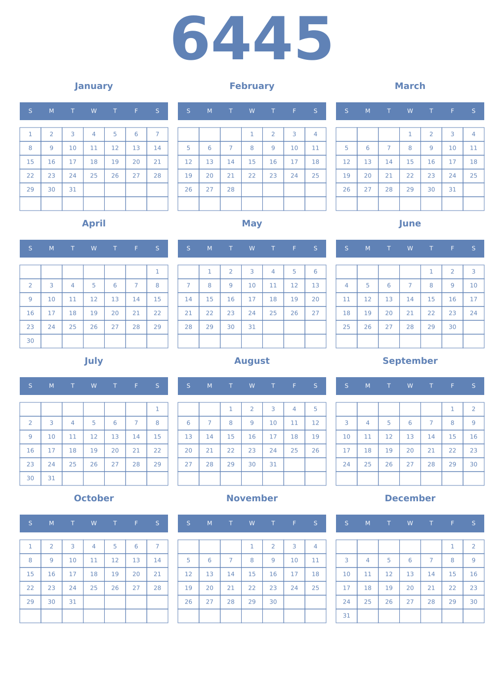 Printable 6445 Year Calendars glaucous