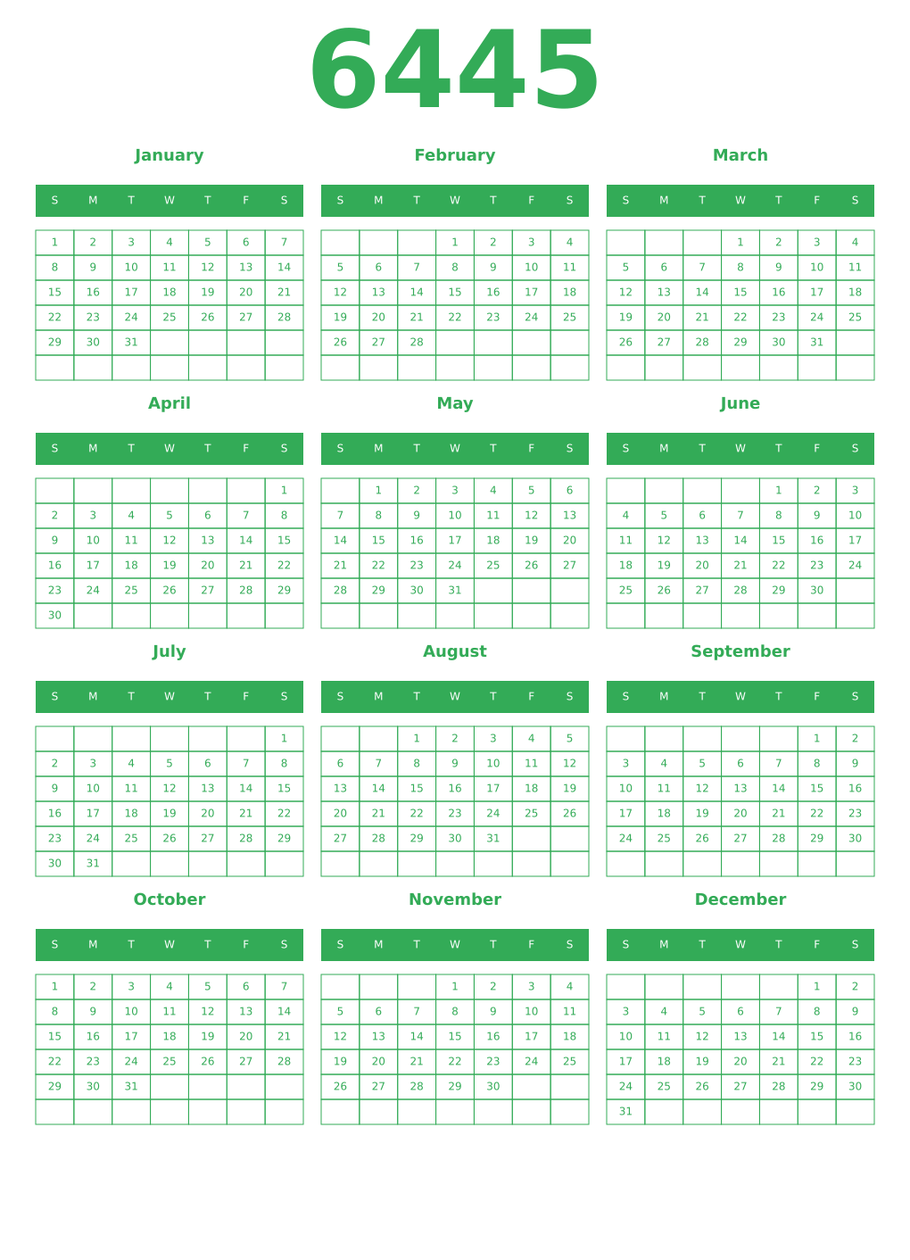 Printable 6445 Year Calendars green