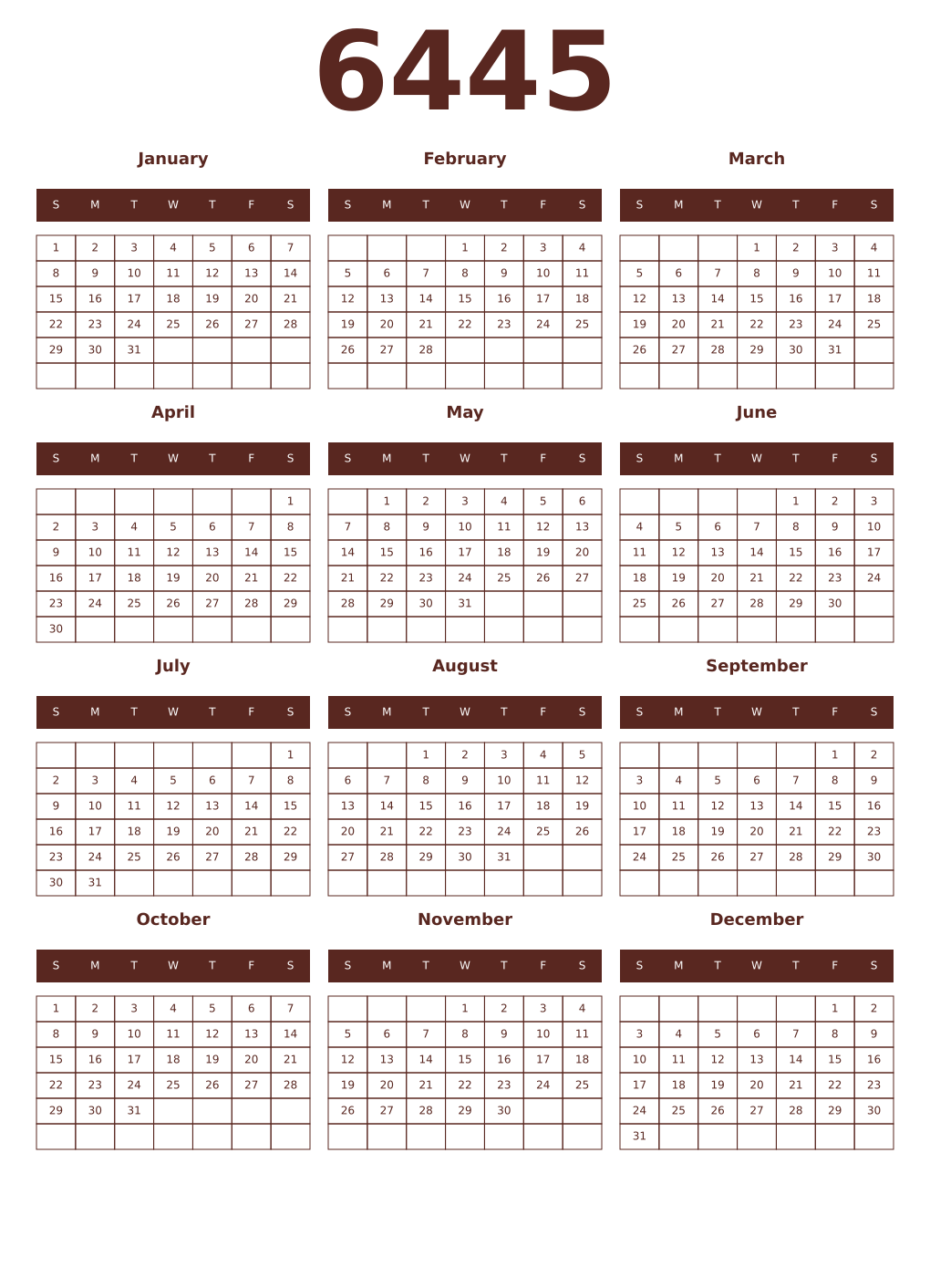 Printable 6445 Year Calendars mortuum