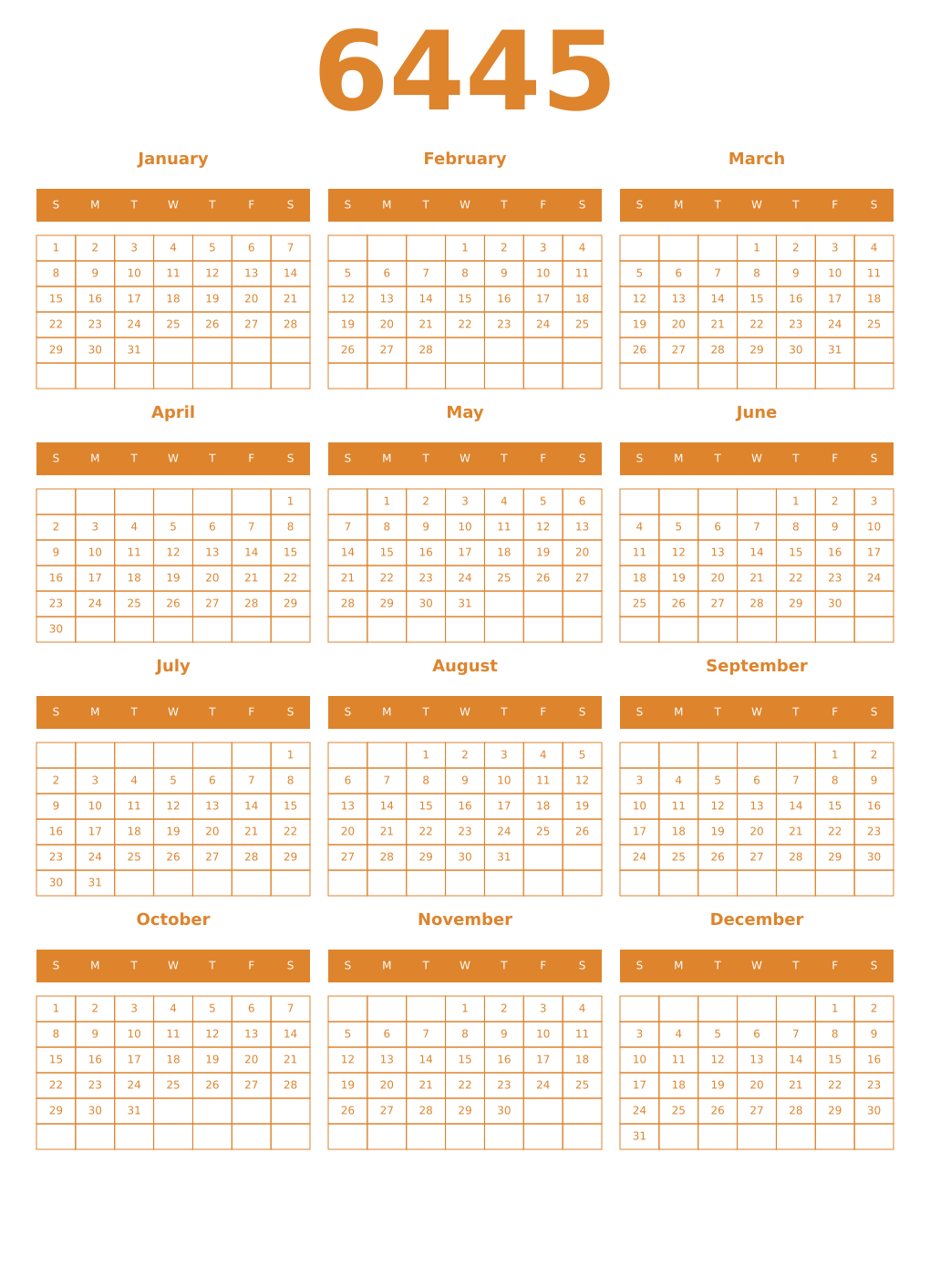 Printable 6445 Year Calendars orange