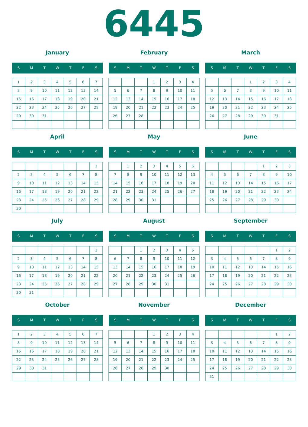 Printable 6445 Year Calendars pastel