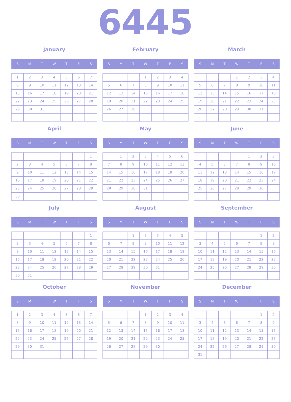 Printable 6445 Year Calendars periwinkle