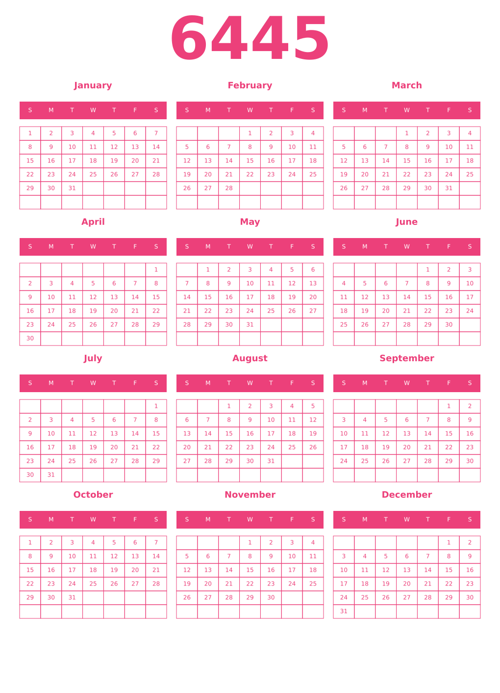 Printable 6445 Year Calendars pink