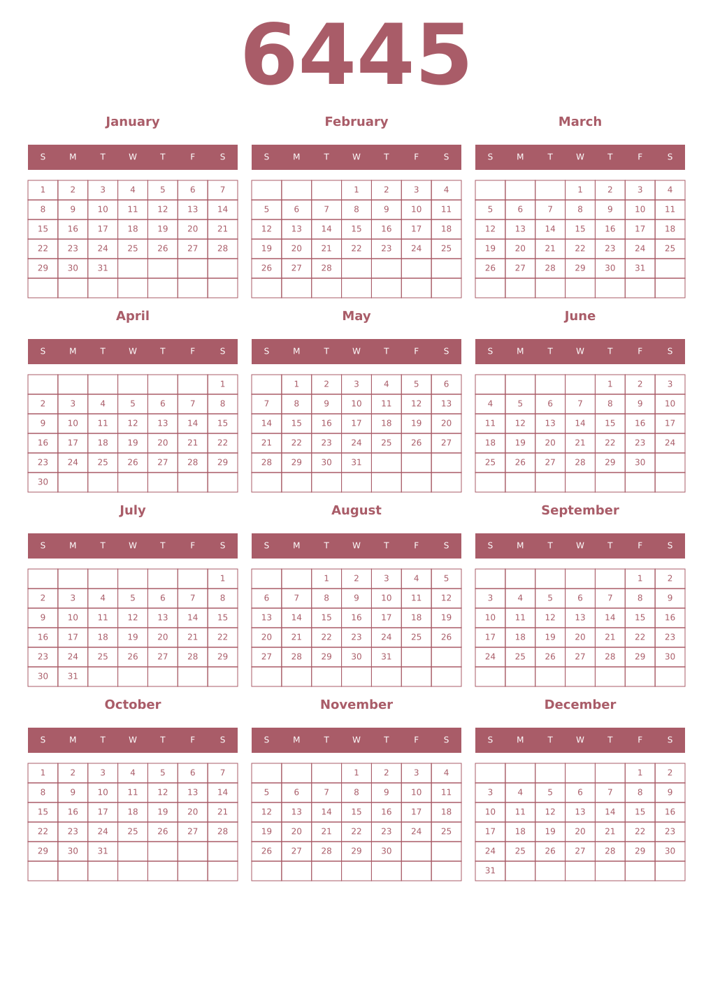 Printable 6445 Year Calendars puce