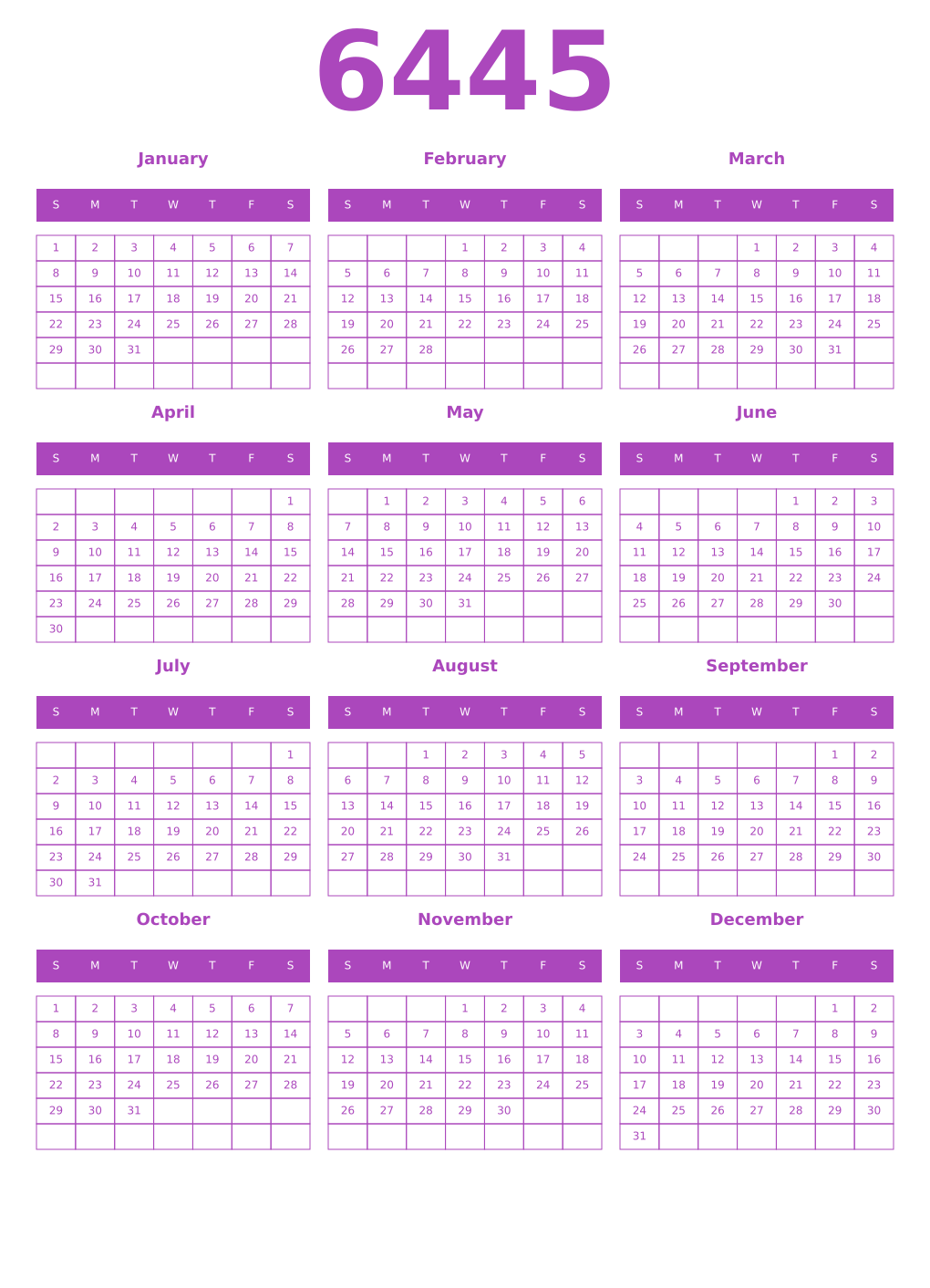 Printable 6445 Year Calendars purple