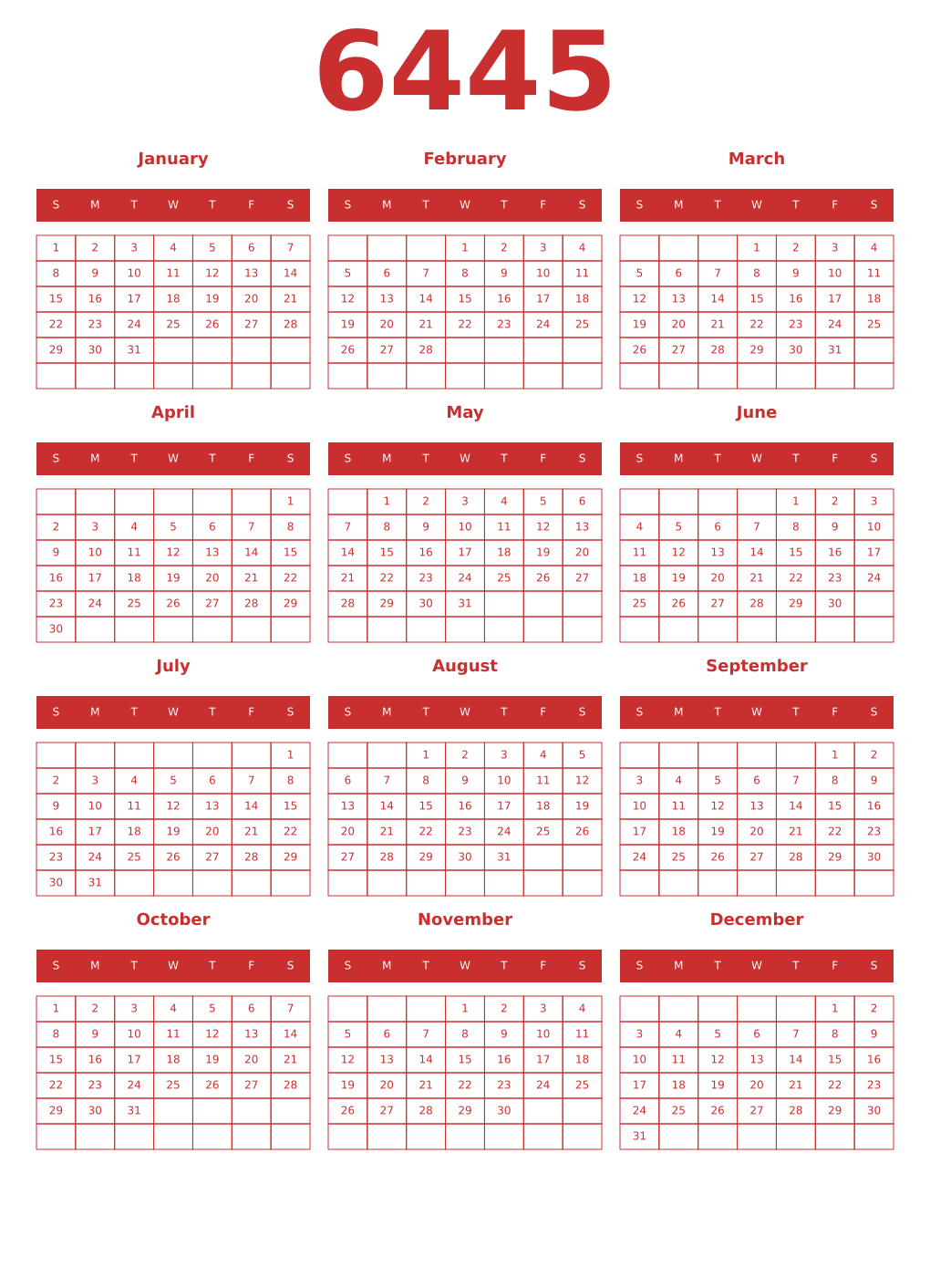 Printable 6445 Year Calendars red