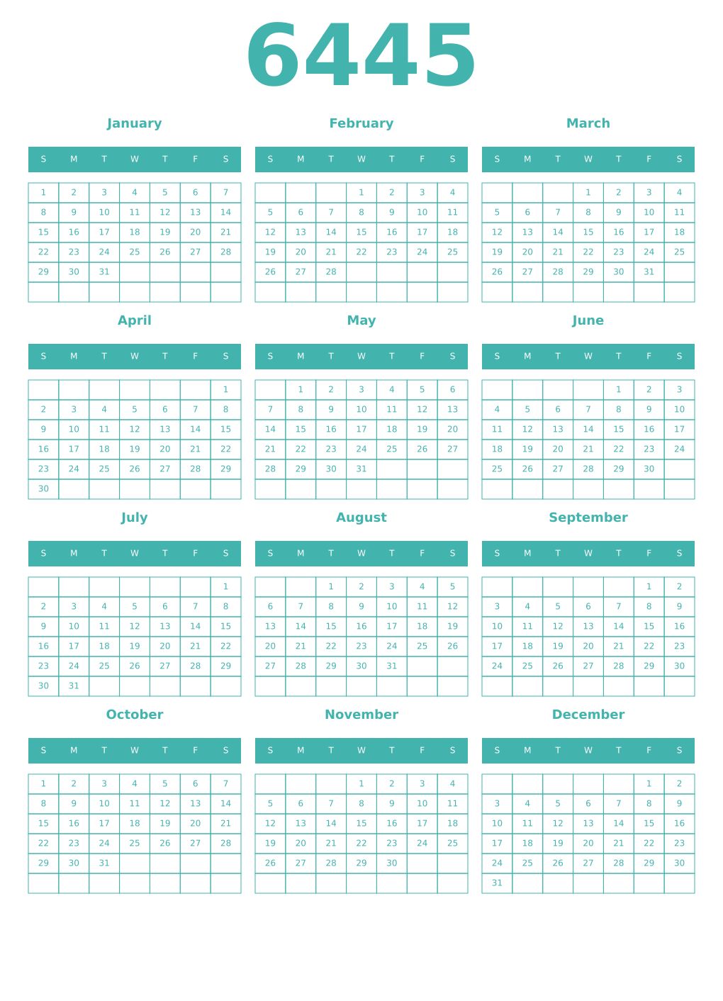 Printable 6445 Year Calendars verdigris
