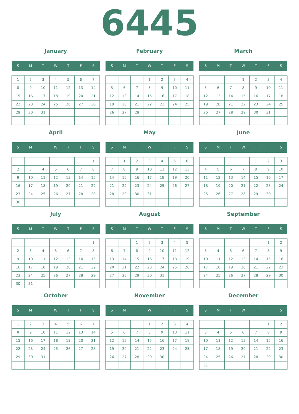 Printable 6445 Year Calendars viridian