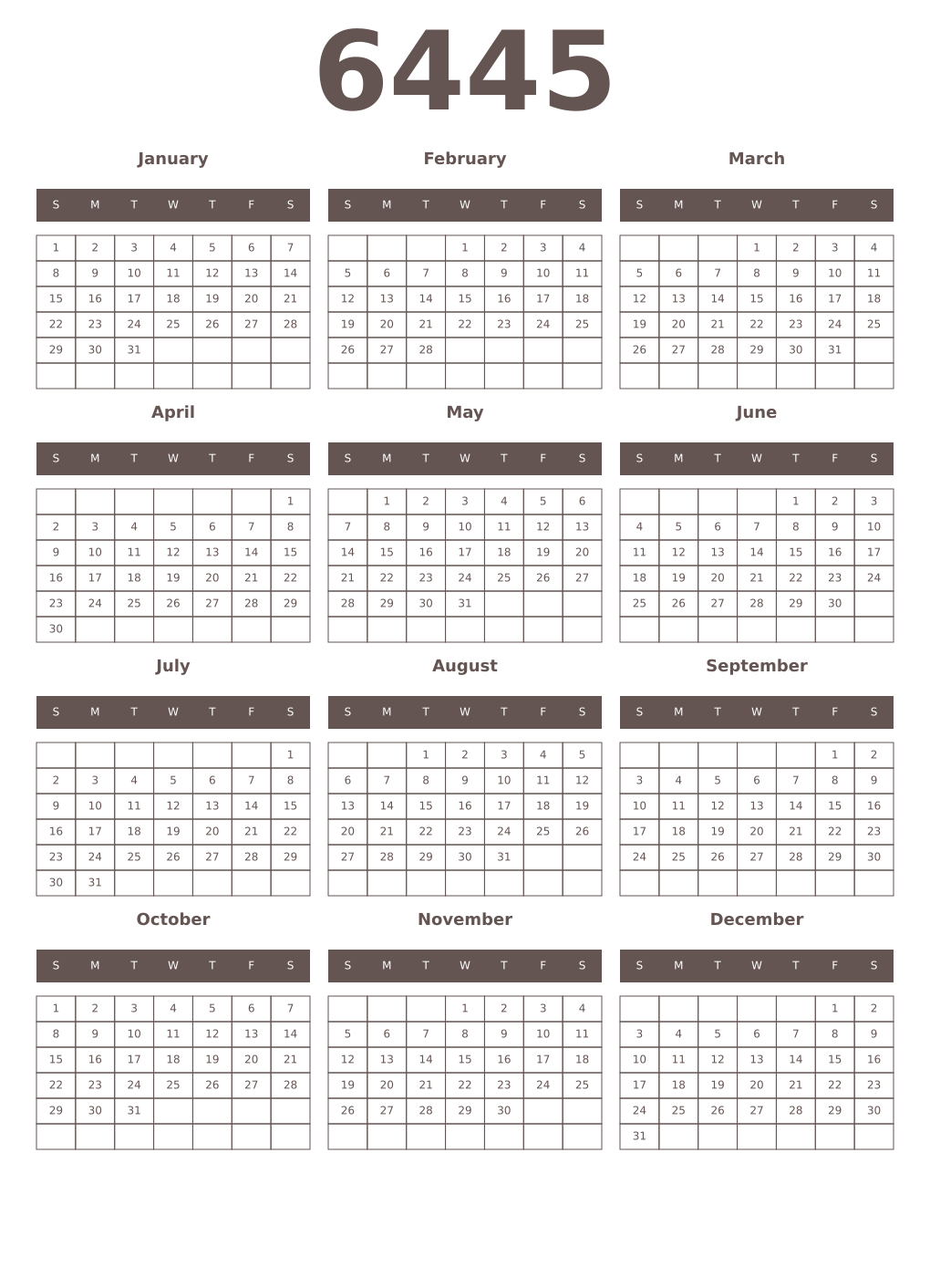 Printable 6445 Year Calendars wenge