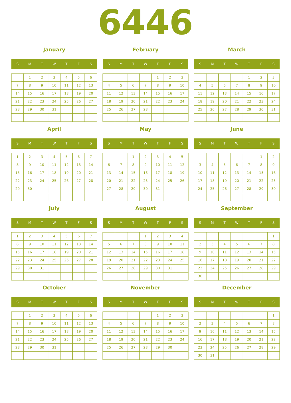 Printable 6446 Year Calendars chartreuse